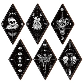 Huwena 6 Pcs Boho Skull Wall Decor Moon Stars Sun Phases Snake Wall Decor Hanging Gothic Wooden Spooky Witchy Minimalist Wall Pediments for Home Bedroom Living Room Farmhouse Bathroom Decorations