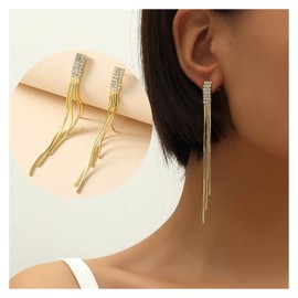 Inilbran Boho Rhinestone Tassel Chain Earrings God Long Crystal Chain Earrings Long Tassel Chain Earrings Wedding CZ Crystal Chain Dangle Earrings Metal Slim Chain Earrings Jewellery for Women