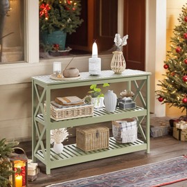 YITAHOME Outdoor Console Table All-Weather Resistant with 3-Tiers Storage Shelf, Acacia Wood Outdoor Side Table Patio Bar Table w/Adjustable Feet for Garden, Balcony, Indoor and Outdoor Grey Green