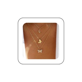 Cybche Boho Layered Butterfly Moon Necklace Choker Pave CZ Butterfly Pendant Necklace Gold Rhinestone Butterfly Necklace Multi Layering Chain Necklace Jewelry for Women