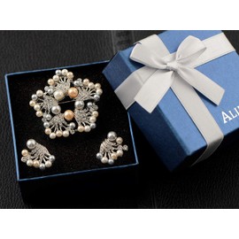 Alilang Women's Classy Multi Color Faux Pearl Clear Rhinestone Crystal Brooch Pin Floral Earring Stud Set