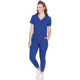 Med Couture Women's Scrub Set with V- Neck Scrub Top MC7448 and 2-Way Stretch Pants MC7710, Royal- S Top/S Pant