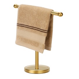 Gold Hand Towel Holder Stand with Heavy Stainless Steel Base, T-Shape Towel Rack, Free-Standing Towel Holder Countertop for Bathroom (Brushed Gold)