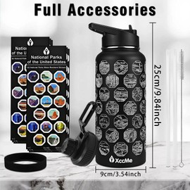 XccMe National Parks Water Bottle with Stickers,32 oz Stainless Steel Insulated Water Bottle with Straw,2 Lids,Leak Proof Metal Water Cup for Hiking,Travel,Sports,Camping,Wide Mouth Bottle