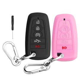 QBUC 2PCS for Ford Key Fob Cover with Keychain Soft Silicone Protection Compatible with 2017-2026 F150 F250 F350 F450 F550 F650 F750 5-Buttons (Black+Pink)