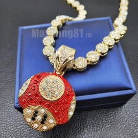 MAXBLING81 Mario Mushroom Gold Plated Pendant Charm Bling Iced Out Flower Chain Hip Hop Rapper Style Necklace for Men, Women, Unisex (PENDANT & 16" CHAIN)