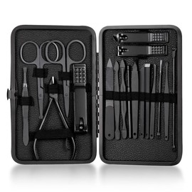 Profession Nail Clippers Set 18 pcs，Black Stainless Steel Sharp Nail Trimmer Pedicure and Manicure Set with Cortex Metal Case for Men and Women