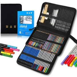 H & B 72-Piece Drawing Pencils, Colouring Pencils and Sketch Pencils Set with Drawing Tool in Pop-Up Case with Zip