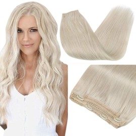 Sunny Fish Line Hair Extensions Real Human Hair Platinum Blonde #60 Secret Wire Hair Extensions Clip with Wire Human Hair Fishing Line Extensions Remy Human Hair 18inch 80g