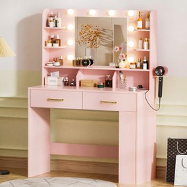 COMHOMA Vanity Desk with Lighted Mirror and Power Outlet, RGB LED Lights Makeup Vanity Set for Girls, Large Storage Capacity Dressing Table for Bedroom, 3 Lighting Modes Adjustable Brightness, Pink