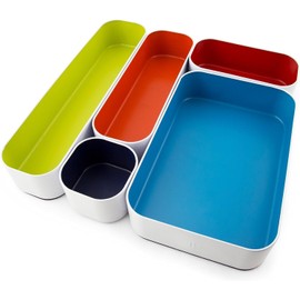 Three by Three Seattle 5 Piece Metal Organizer Tray Set for Storing Makeup, Stationery, Utensils, and More in Office Desk, Kitchen and Bathroom Drawers (2 Inch, Assorted Colors)