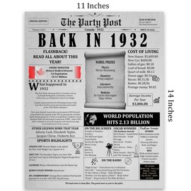93rd Birthday Party Decorations Poster - 93 Years Ago Anniversary Card for Women and Men. Back In 1932 Home Decor Supplies for Her or Him Turning 93 Years Old. 11 x 14 In Birthday Retro Card
