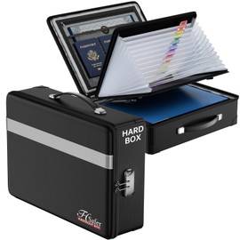 JHSafer Fireproof Document Box with lock, File Organizer with Fireproof Zipper, Hard Shell Fireproof & Waterproof Storage box, Portable Safe for Home, Important Documents, Laptop, Black