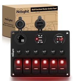 Nilight Nilight 6 Gang ON Off Rocker Switch Panel Red Backlit 12V 24V LED Digital Voltmeter 3.1A Dual USB Charger Cigarette Lighter Socket Overload Protection for Cars RVs Boats (90122F)