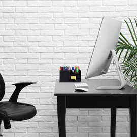 Relaxdays Desk Organiser, Office Organiser with 3 Compartments & Drawer, H x D: 12 x 22.5 x 11 cm, Pen Holder, Black, Plastic, Cotton, Paper