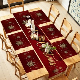 LEIWEIHOPE Red and Gold Snowflake Merry Christmas Table Runner and Placemats Set of 6, 13"x72" Runner with 12"x18" Placemats, Holiday Dining Table Set for Kitchen and Farmhouse Décor