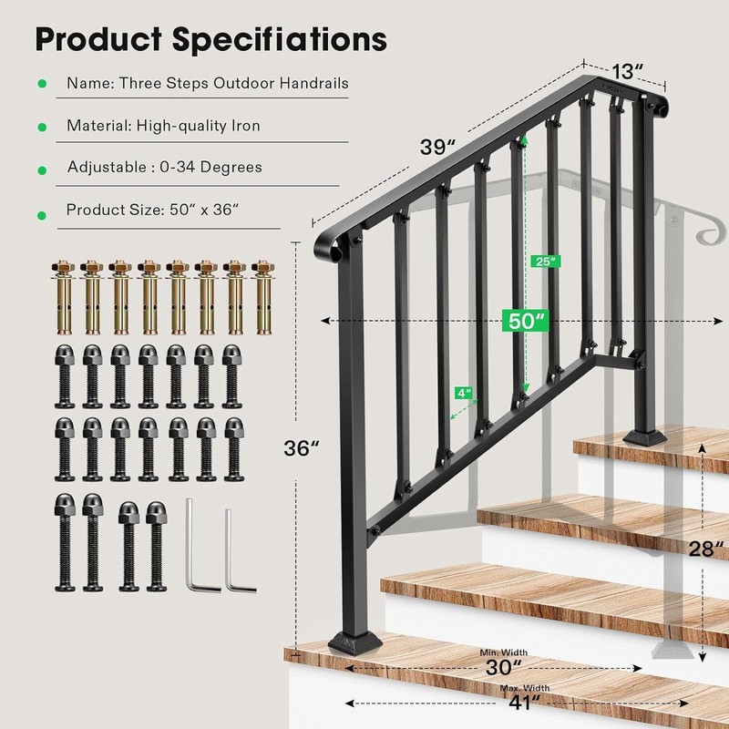 VIVOSUN 4 Steps Outdoor Iron Handrails,28" Adjustable Stair Railing Porch
