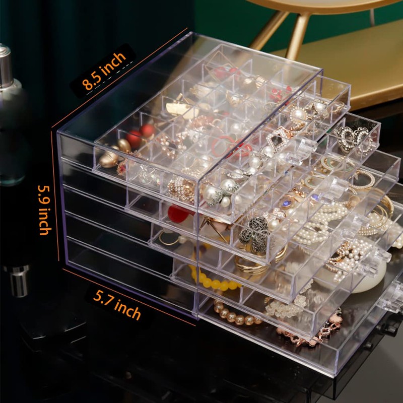 Acrylic Jewelry Box With 5 Drawers Clear Earring Storage Organizer