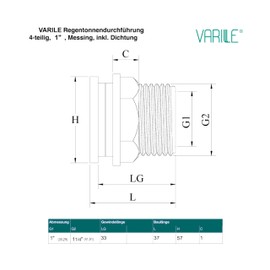 Varile 1 inch brass tank feed-through, thread fitting
