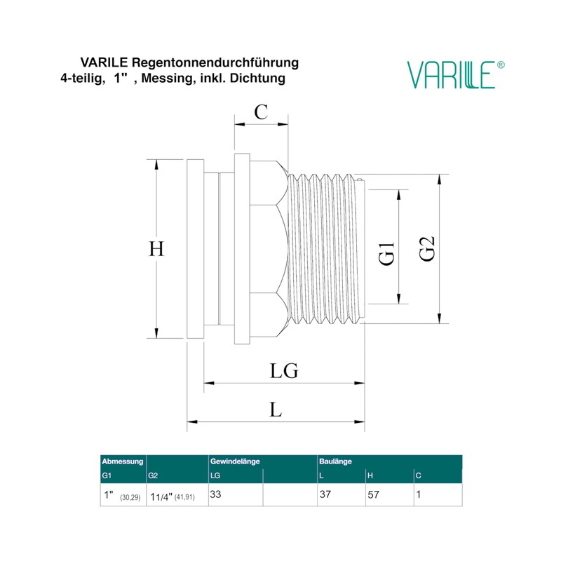 Varile 1 inch brass tank feed-through, thread fitting
