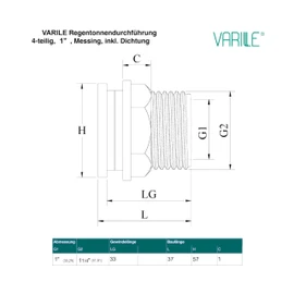 Varile 1 inch brass tank feed-through, thread fitting