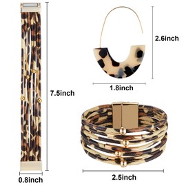 Hicarer Leopard Bracelets and Earrings Cheetah Jewelry Tortoise Shell Earrings Multilayer Leather Wrap Bracelets Large Wrists Boho Accessories(Beige)