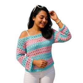 Novelle Fashion Crochet Tops for Women Off The Shoulder Sweater - Long Sleeve Summer Tops for Women - Crochet Coverup with Flared Sleeves for Spring Style Blue - Medium