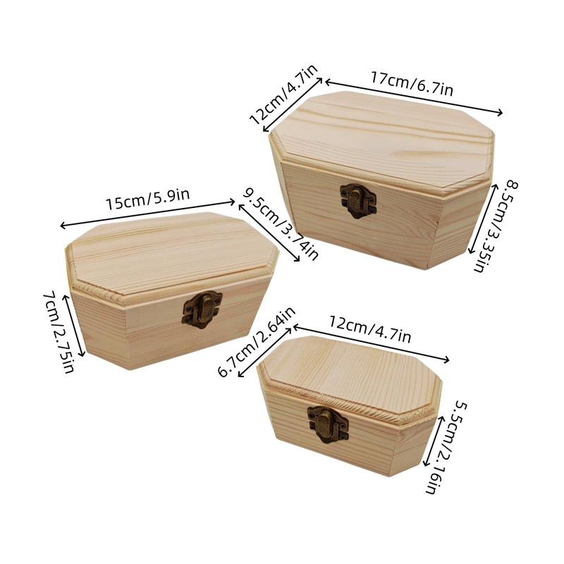 Anktily 3 Pack Wood Treasure Chest, 3 Size Unfinished Wooden