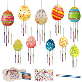 KATOOM 10 Pack Wind Chime Kit for Kids,Easter Egg Craft Kits DIY Windchimes Unfinished Wooden Egg Ornaments for Boys Girls Activity Art Project Easter Spring Party Decoration