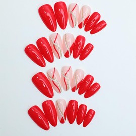 Press on Nails Medium Almond Shaped False Nails Artificial Acrylic Nails Gold Foil Stripe Design Red French Fake Nails 24Pcs Full Cover Glossy Reusable Coffin Nails Glue on Nails for Women Supplies