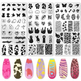 beinkmake 3Pcs Cute Animals Nail Stamping Plate Set Cat Puppy Butterfly Nail Stamp Templates Zebra Cow Texture Metal Reusable Tools with Stamper Scraper for Manicure Printing