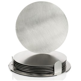 com-four® 7 Piece Coasters Set with Holder - Stainless Steel Coasters for Drinks - Round Steel Coasters - Silver (007 Pieces - Silver)