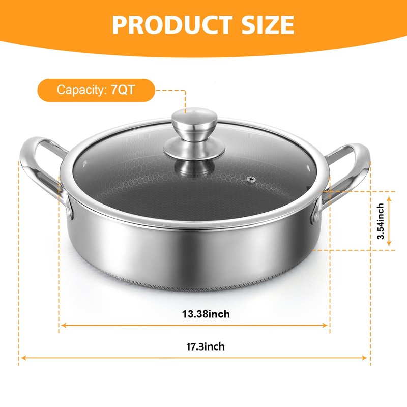 Toutrop Stainless Steel 7QT Saute Pan 14 Inch Deep Frying