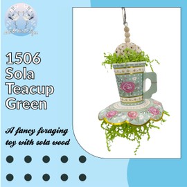 1506 Sola Teacup Green - Handmade Delightfully Cute shredding Bird cage Toy, Natural sola Wood Ball, Green Crinkle Paper, Food Grade Paper Tea Cup, Great Fun for Small Birds Budgie Cockatiel Lovebird
