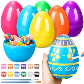 VioraWhite 15 Pieces Jumbo Easter Eggs Painting Set 6 Inch Fillable Easter Eggs Bulk DIY Plastic Paintable Eggs with Paints and Brush for Easter Hunt Basket Stuffers Fillers DIY Party Favor Gifts