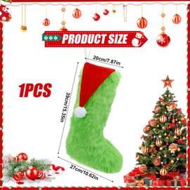 Christmas Stocking Grinch Green Stocking with Hat Large Plush Hanging Santa Xmas Stocking Bulk Xmas Sock for Kids Goodie Bags Xmas Decor Stockings Gifts Holding for Christmas Tree Holiday Party