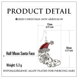 RareLove Vintage Christmas Crescent Half Moon Santa Piercing Dangle Earrings Silver Plated Alloy Holiday Jewelry For Women