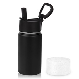 Volhoply 14oz Kids Insulated Stainless Stee Water Bottle with Straw Lid and Silicone Boot,BPA-Free BPA-Free Easy Use for Boys&Girls Thermos,Double Wall VacuumLeakproof Bottles(Black,1)