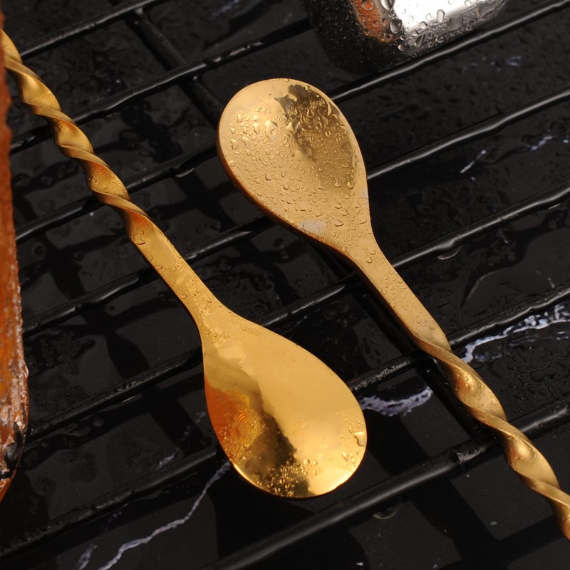 AnSaw Gold 10-Inch Stainless Steel Cocktail Spoon with Leaf Handle