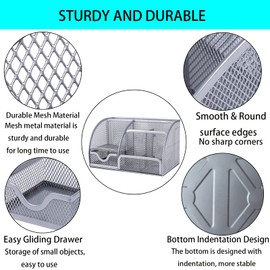 ZDZBLX Desk Organizers, Metal Mesh Stationery Desktop Organizer, Pen Holder Desk Organizer and Storage Office Supplies Desk Accessories Essentials Caddy with Drawer for Home, Office, School (Silver)