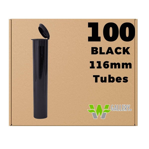 W Gallery 100 Black 116mm Pop Top Tubes - Airtight Smell Proof Containers - Plastic Medical Grade Prescription Bottles for Pills Herbs Flowers Supplements, Bulk Pack, Not Glass Jars