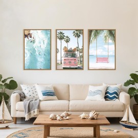 DRACIT Large Summer Beach Surfing Scene Framed Canvas Wall Art Set,Coastal Pink Van and Surfboards Wall Decor,Trendy Beach Swing Palm Trees Artwork for Living Room,Bedroom-16 x24 x3