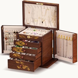 Xloverise Hand-Painted wooden Jewelry Box for women Organizer - 8-Layer Lockable Jewelry Storage Box with Necklace Hooks, Vintage Gift for Wife/Mother (Birthday, Christmas, Mother's Day)