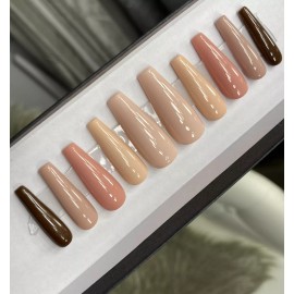 Handmade CUSTOM Gel Press On False Nails, SHADES OF NUDE , Long Coffin, 10p MEDIUM