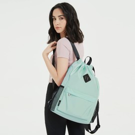 WANDF Drawstring Backpack Sports Gym Bag with Shoes Compartment, Water-Resistant String Backpack Cinch for Women Men (Mint Green, Large)