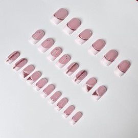 ANDGING French Tip Press on Nails White Square Short Medium Fake Nails Gel Coffin Glue Glue on Nails with Glitter Gold Line Striped Design Acrylic False Nails Manicure Stick on Nails for Wedding