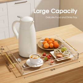 MaxGear Acrylic Serving Tray with Gold Handles, Clear Rectangular Tray, Coffee Table Nesting Trays Ottoman Tray, Outdoor Serving Tray for Food, Tea, Snacks, Appetizer Serving Tray for Party 16" × 12"