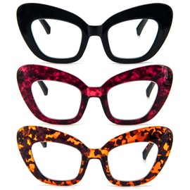 prtcslwd Cat Eye Big Frame Reading Glasses Three pack Oversized Anti Glare Anti Blue Ray Cute Glasses for Women Men (3pc-purple flower/red flower/black, 1.5, multiplier_x)