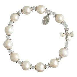 Sine Cera Genuine Pearl 1 Decade Catholic Rosary Bracelet 10mm Beads, Pewter Crucifix and Miraculous Medal for Women