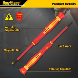 HURRICANE Premium 1000V Precision Insulated Screwdriver Set, 6 Piece S2 Steel Mini Electrician Screwdrivers with SL1.8/2.0/2.5/3.0mm & PH00/PH0, VDE Certified for DIY & Professional Electrical Repair